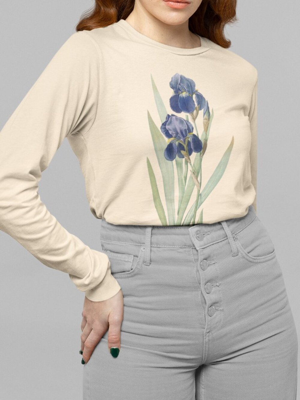 German Iris Vintage Floral Print Long Sleeve Graphic Tee T-shirt S-XXL